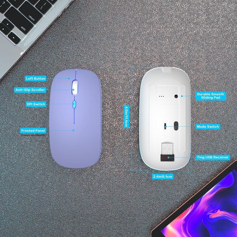 AOLIKOKO فأرة بلوتوث لاسلكية قابلة لإعادة الشحن للكمبيوتر المحمول مع إضاءة LED، استخدام محمول (BT5.2 و USB 2.4G) اتصال مزدوج، فأرة كمبيوتر صامتة ونحيفة للكمبيوتر المحمول / جهاز iPad اللوحي / Apple MacBook / PC (أرجواني) - Image 5